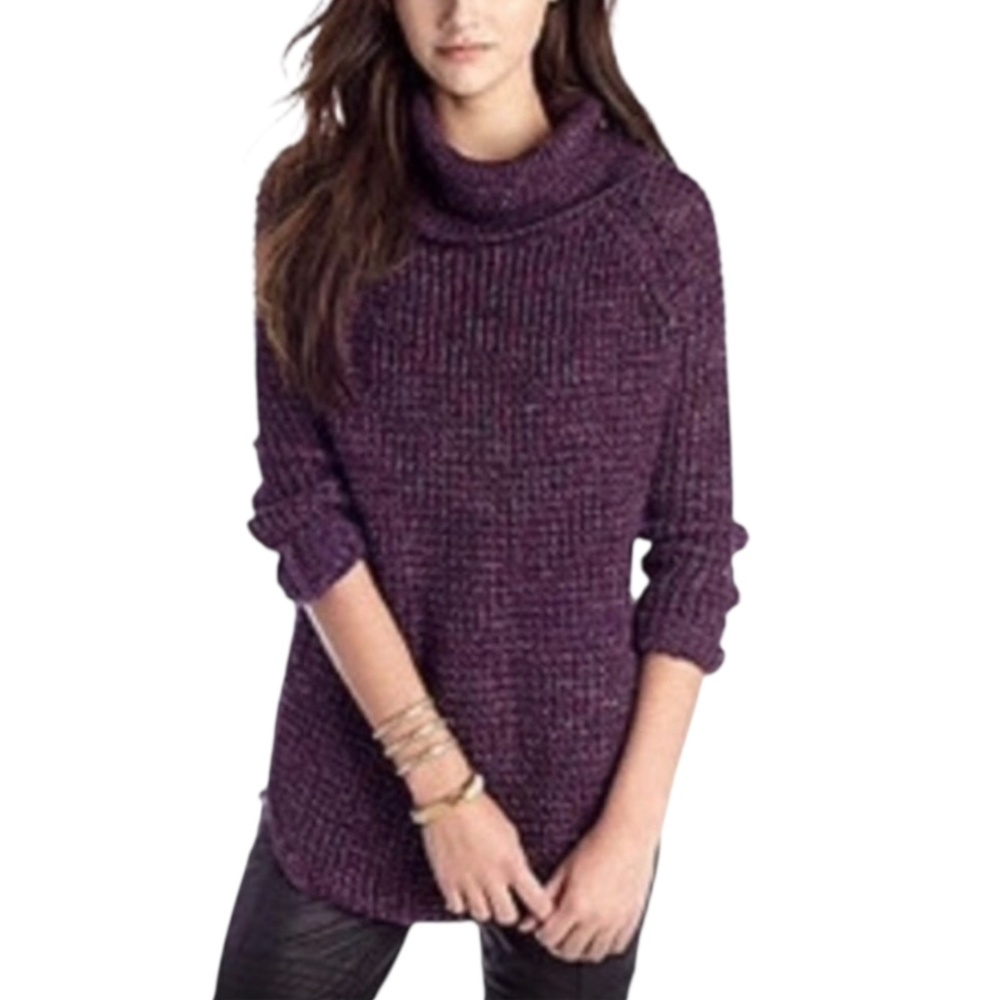 Free People Dylan Tweedy Purple Cowl Neck Wool Blend Sweater Large